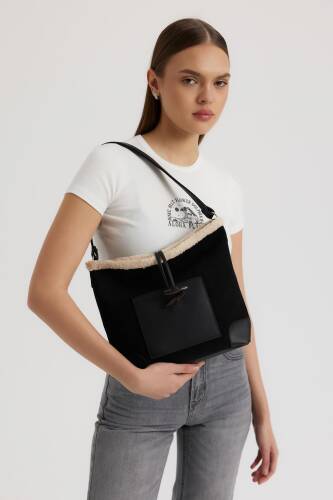 Plush Detail Suede Black Shoulder Bag - 1