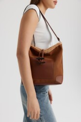 Plush Detail Suede Brown Shoulder Bag - 2