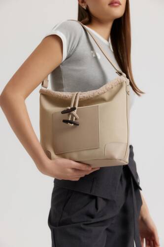 Plush Detail Suede Cream Shoulder Bag - 1