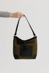 Plush Detail Suede Khaki Shoulder Bag - 2