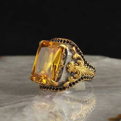 Rhodium Plated 925 Sterling Silver Men's Ring with Citrine Stone - 1