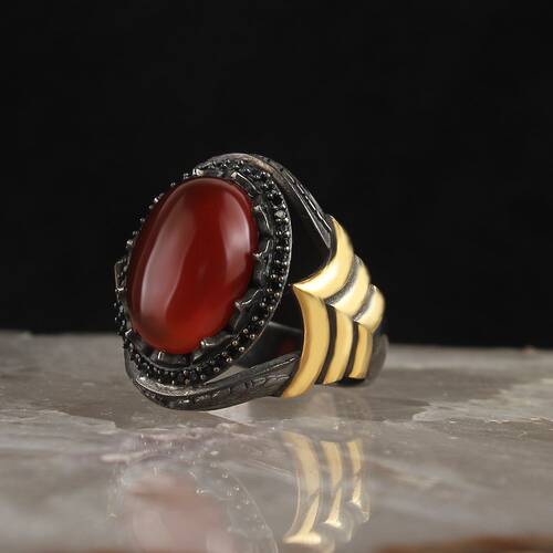 Rhodium Plated Agate Stone Men's Silver Ring - 1