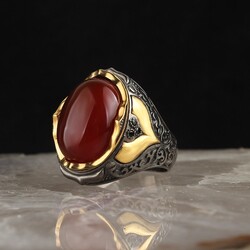 Rhodium Plated Agate Stone Men's Silver Ring - 1