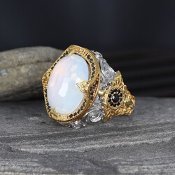 Rhodium Plated Moonstone 925 Sterling Silver Men's Ring - 1