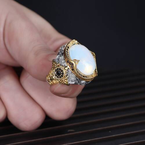 Rhodium Plated Moonstone 925 Sterling Silver Men's Ring - 3