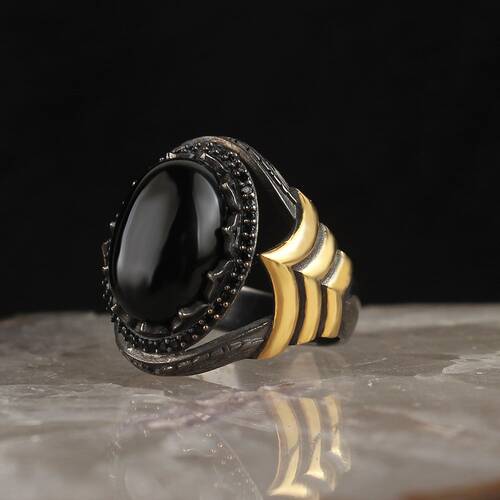 Rhodium Plated Onyx Stone Men's Silver Ring - 1