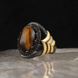 Rhodium Plated Tiger Eye Stone Men's Silver Ring - 1