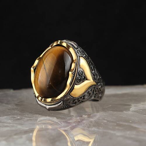 Rhodium Plated Tiger Eye Stone Men's Silver Ring - 1