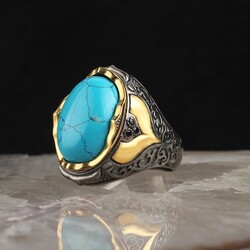 Rhodium Plated Turquoise Stone Men's Silver Ring - 1