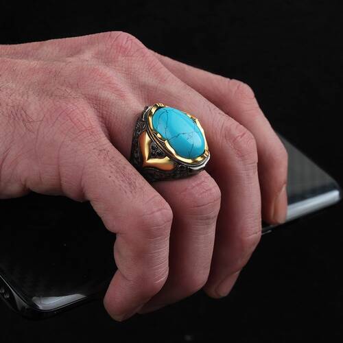 Rhodium Plated Turquoise Stone Men's Silver Ring - 2