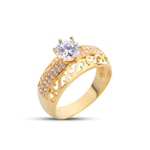 S Motif Solitaire Gold Color Silver Ring - 1