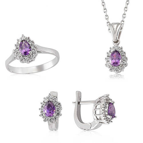 Silver Drop Model Purple Stone Women's Ring Necklace Earring Set - 1