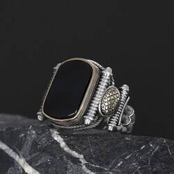 Silver Men's Ring with Black Zircon Stone - 5