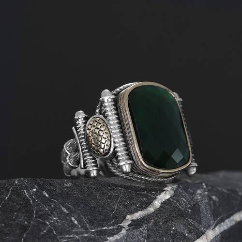 Silver Men's Ring with Green Zircon Stone - 2