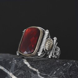 Silver Men's Ring with Red Zircon Stone - 1