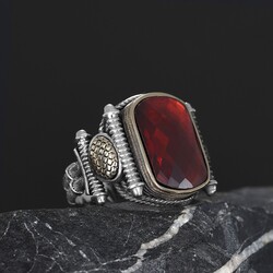 Silver Men's Ring with Red Zircon Stone - 2