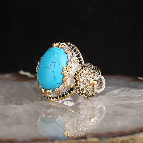 Silver Men's Ring with Rhodium Plated Turquoise Stone and Lion Symbol - 1