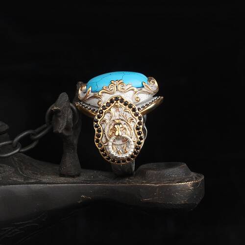 Silver Men's Ring with Rhodium Plated Turquoise Stone and Lion Symbol - 2