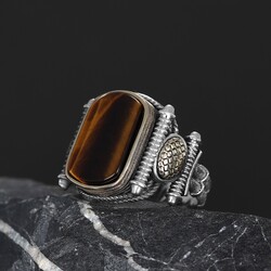 Silver Men's Ring with Tiger Eye Stone - 1