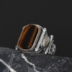 Silver Men's Ring with Tiger Eye Stone - 4