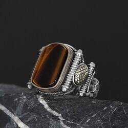 Silver Men's Ring with Tiger Eye Stone - 4