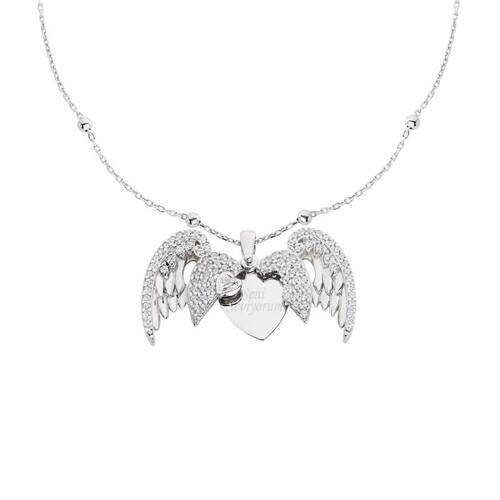 Silver Necklace with Angel Wings and Name Heart - 1