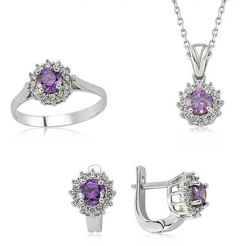 Silver Purple Stone Flower Women's Set - 1