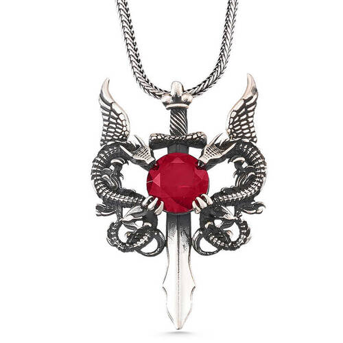 Silver Red Stone Dragon Men's Sword Necklace - 1