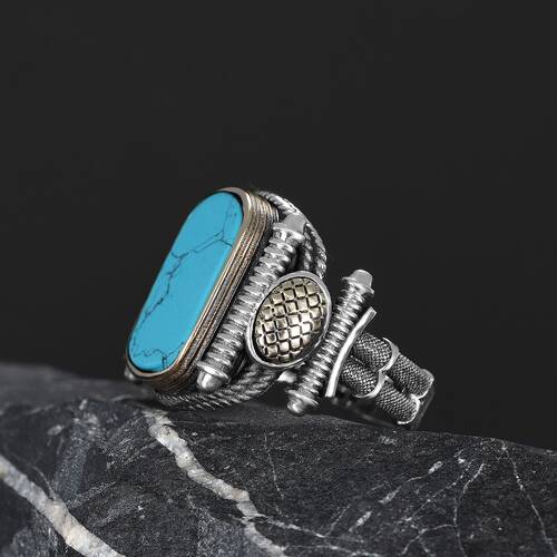 Turquoise Stone Silver Men's Ring - 3