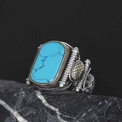 Turquoise Stone Silver Men's Ring - 4