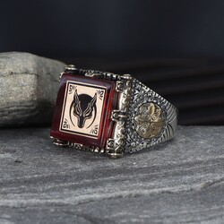 Wolf Symbol Amber Stone 925 Sterling Silver Men's Ring - 1