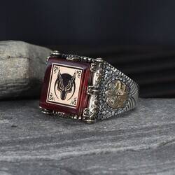 Wolf Symbol Amber Stone 925 Sterling Silver Men's Ring - 4