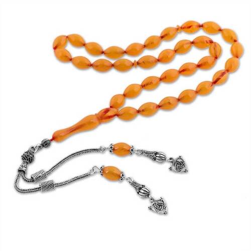 Yellow Pressed Amber Rosary with Silver Tassels - 1